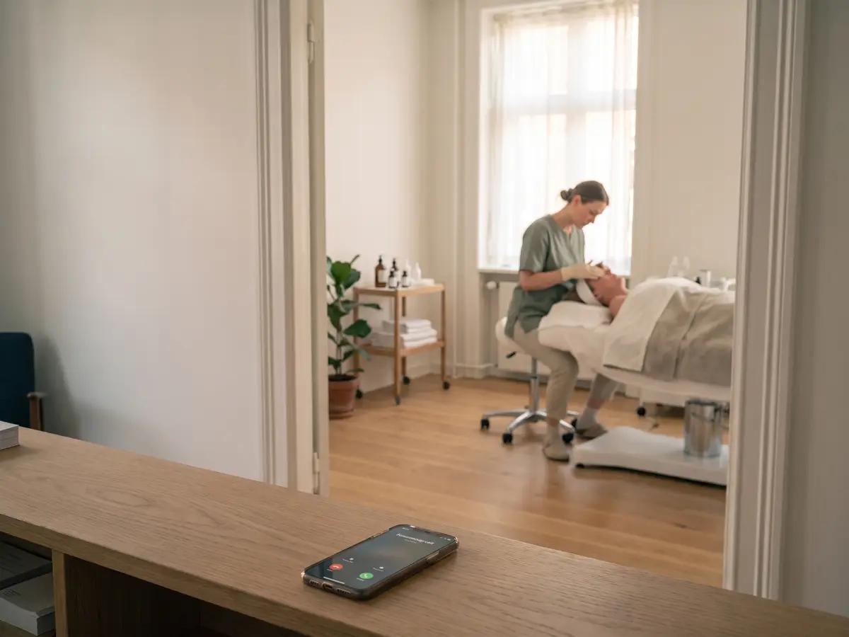 Telefonen ringer på skranken. Inde i behandlingsrummet giver en behandler en klient en ansigtsbehandling.