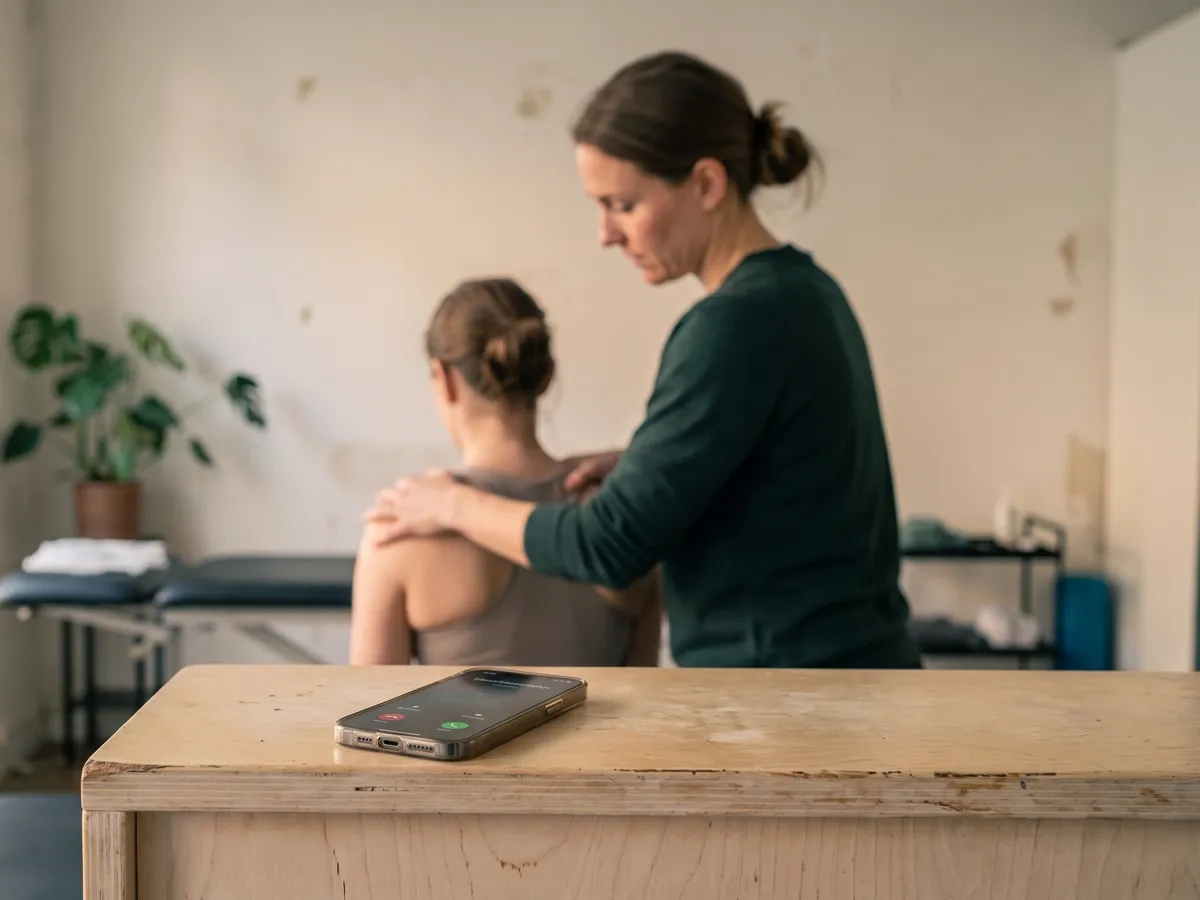 En fysioterapeut behandler en patients skulder. Telefonen ringer på disken.