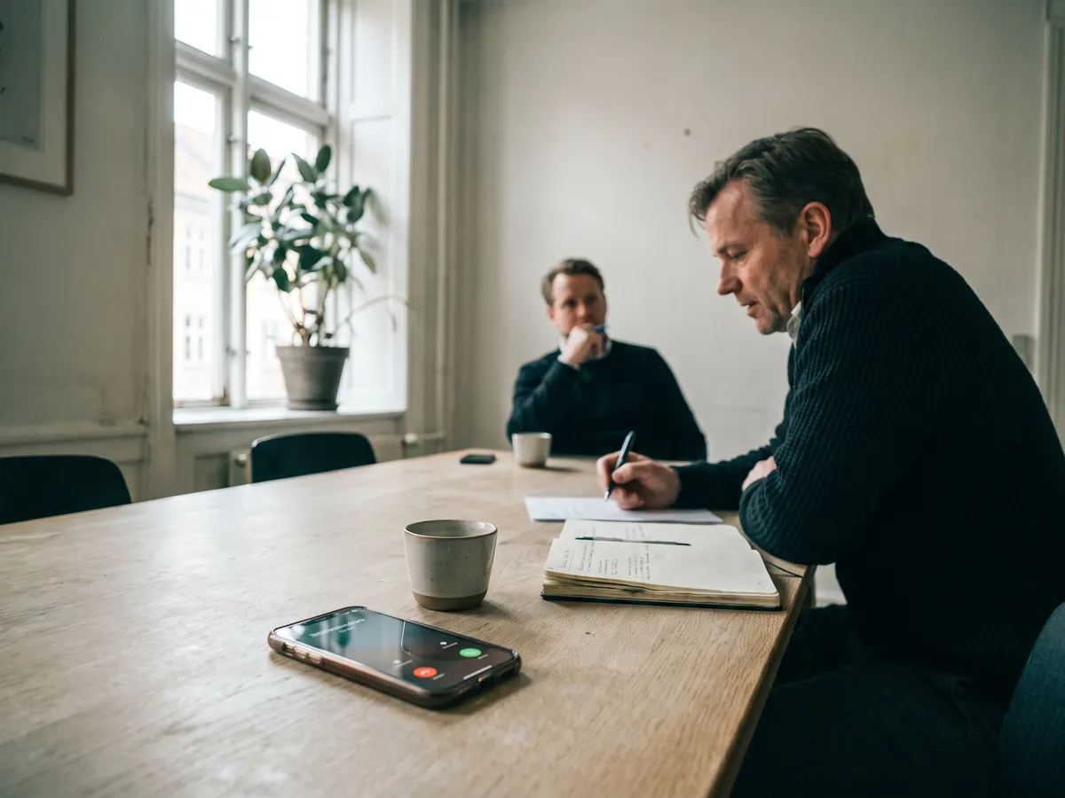 En selvstændig konsulent sidder i møde med en kunde. På bordet lyser telefonen med et opkald.