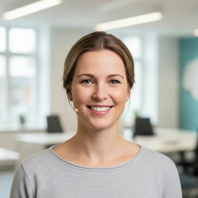 Sofia, Frontrings AI-receptionist, med headset.